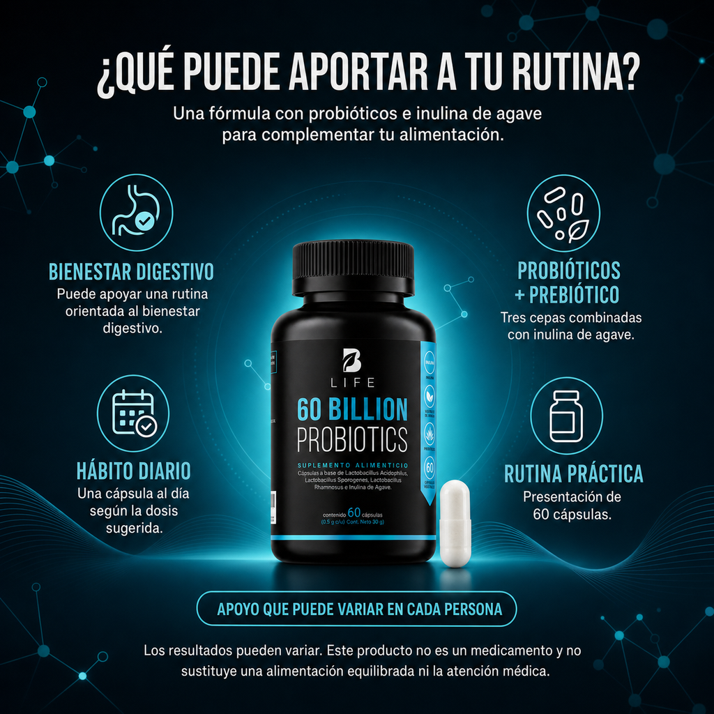 Probióticos B Life 60 Billones con Prebiótico y 3 Cepas - 60 Cápsulas