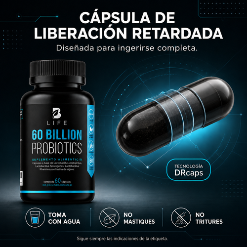 Probióticos B Life 60 Billones con Prebiótico y 3 Cepas - 60 Cápsulas