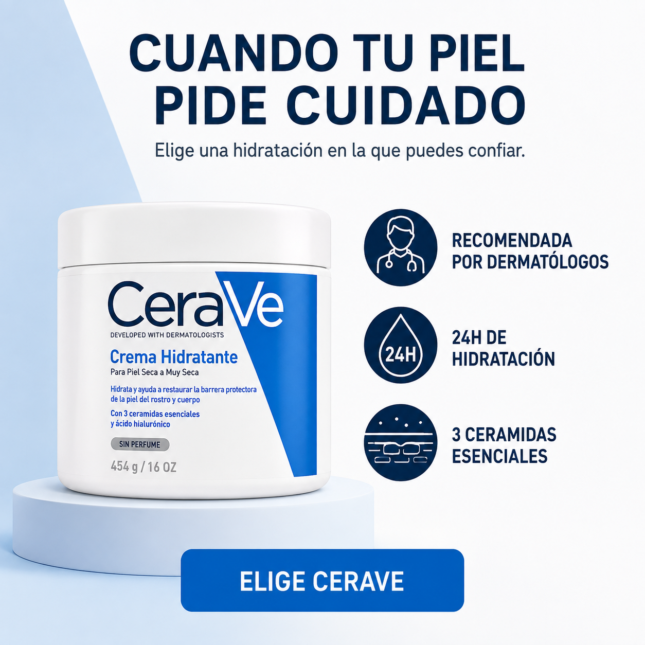Crema Hidratante CeraVe 454 g – Piel Seca a Muy Seca | Ceramidas + Ácido Hialurónico, Hidratación 24h