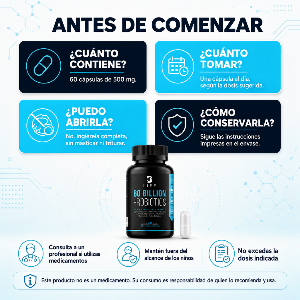 Probióticos B Life 60 Billones con Prebiótico y 3 Cepas - 60 Cápsulas
