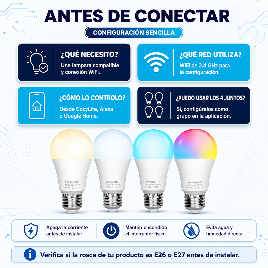 Kit 4 Focos LED Inteligentes WiFi RGBCW 9W E27  para Alexa y Google Home