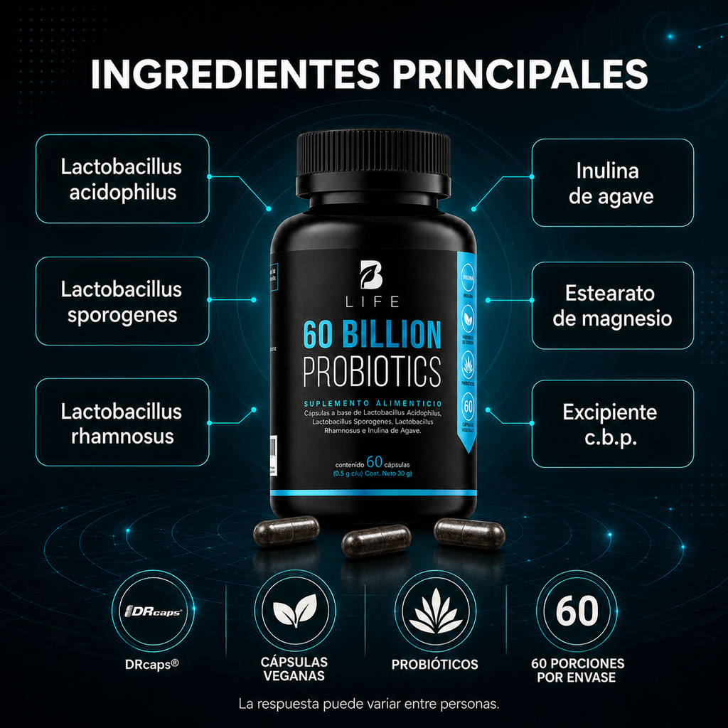 Probióticos B Life 60 Billones con Prebiótico y 3 Cepas - 60 Cápsulas