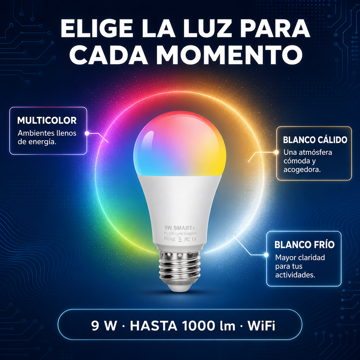 Kit 4 Focos LED Inteligentes WiFi RGBCW 9W E27  para Alexa y Google Home
