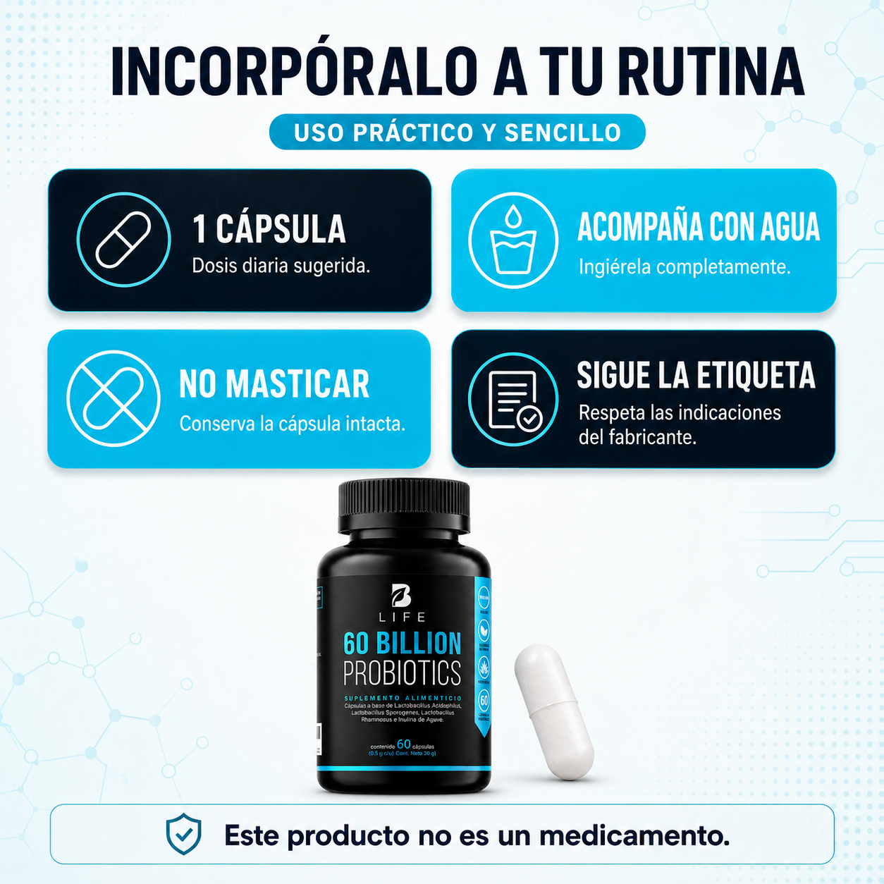 Probióticos B Life 60 Billones con Prebiótico y 3 Cepas - 60 Cápsulas