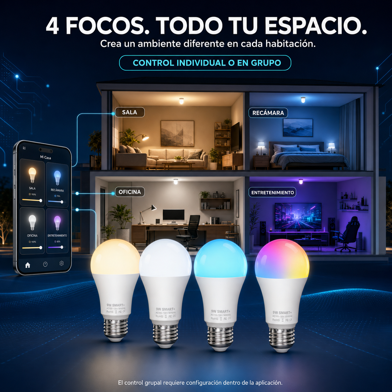 Kit 4 Focos LED Inteligentes WiFi RGBCW 9W E27  para Alexa y Google Home